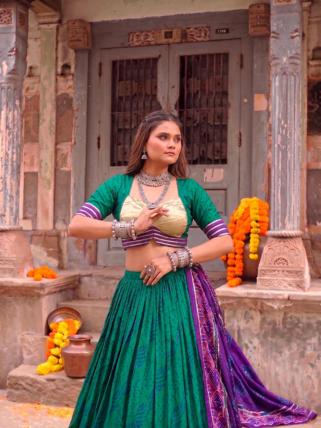 Traditional Tasar Silk Bandhej Print Lehenga Set | Tulip Designer
