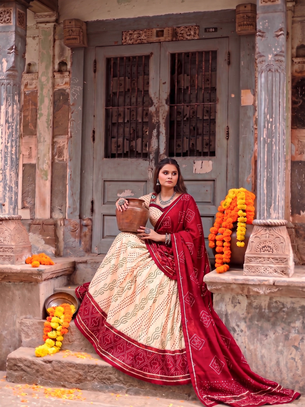 Traditional Tasar Silk Bandhej Print Lehenga Set | Tulip Designer
