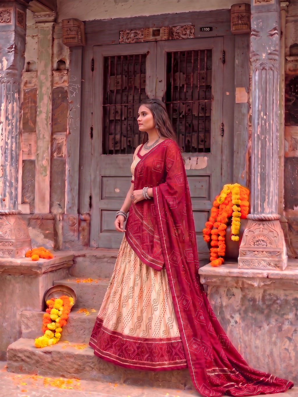 Traditional Tasar Silk Bandhej Print Lehenga Set | Tulip Designer
