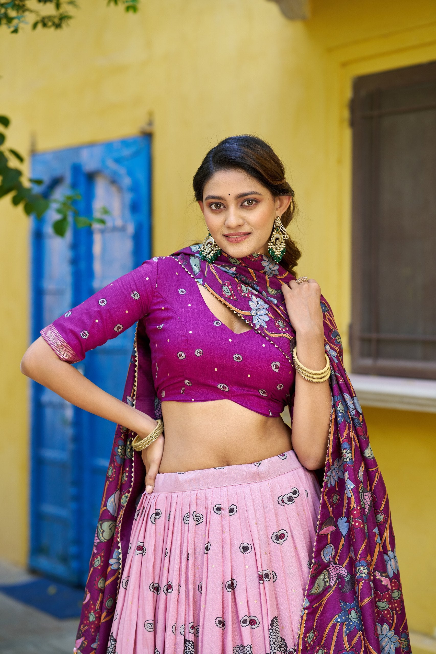 Traditional Tasar Silk Kalamkari Foil Work Lehenga Choli Set
