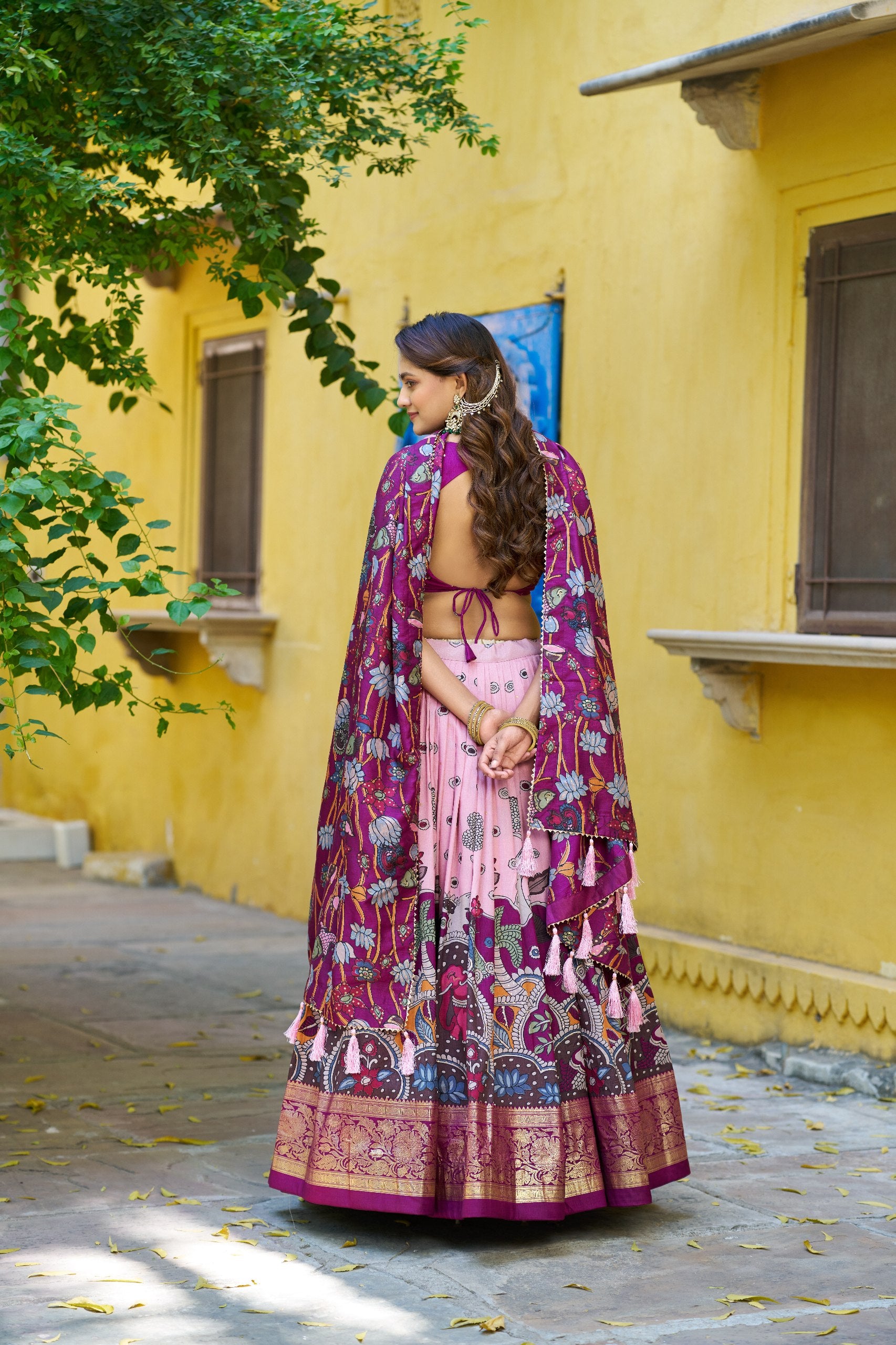 Traditional Tasar Silk Kalamkari Foil Work Lehenga Choli Set
