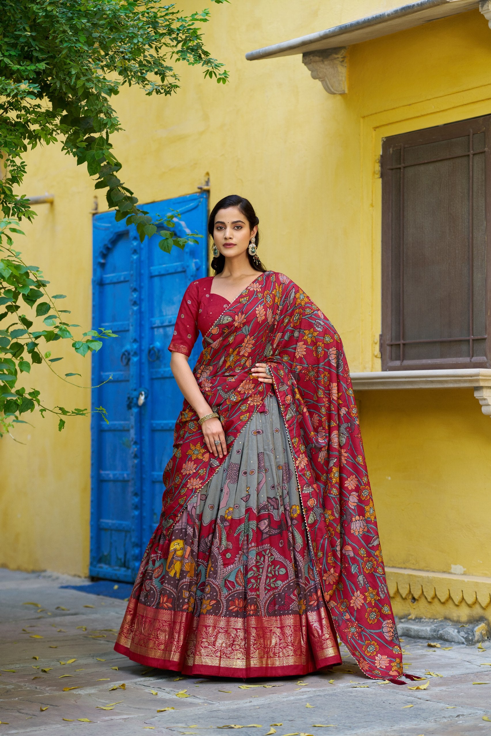 Traditional Tasar Silk Kalamkari Foil Work Lehenga Choli Set
