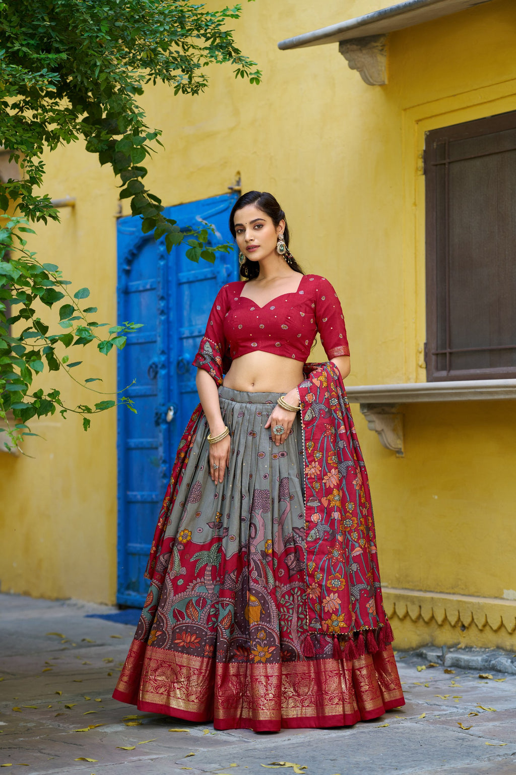 Traditional Tasar Silk Kalamkari Foil Work Lehenga Choli Set
