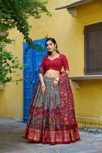 Traditional Tasar Silk Kalamkari Foil Work Lehenga Choli Set

