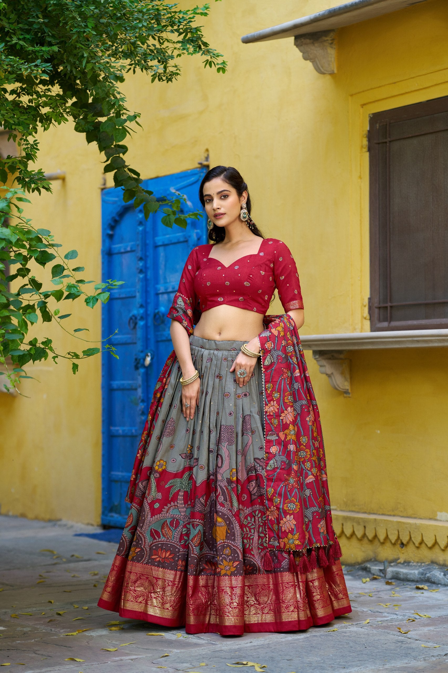 Traditional Tasar Silk Kalamkari Foil Work Lehenga Choli Set
