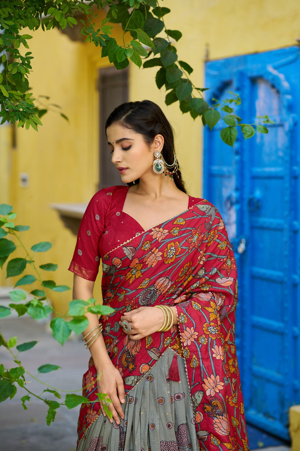 Traditional Tasar Silk Kalamkari Foil Work Lehenga Choli Set
