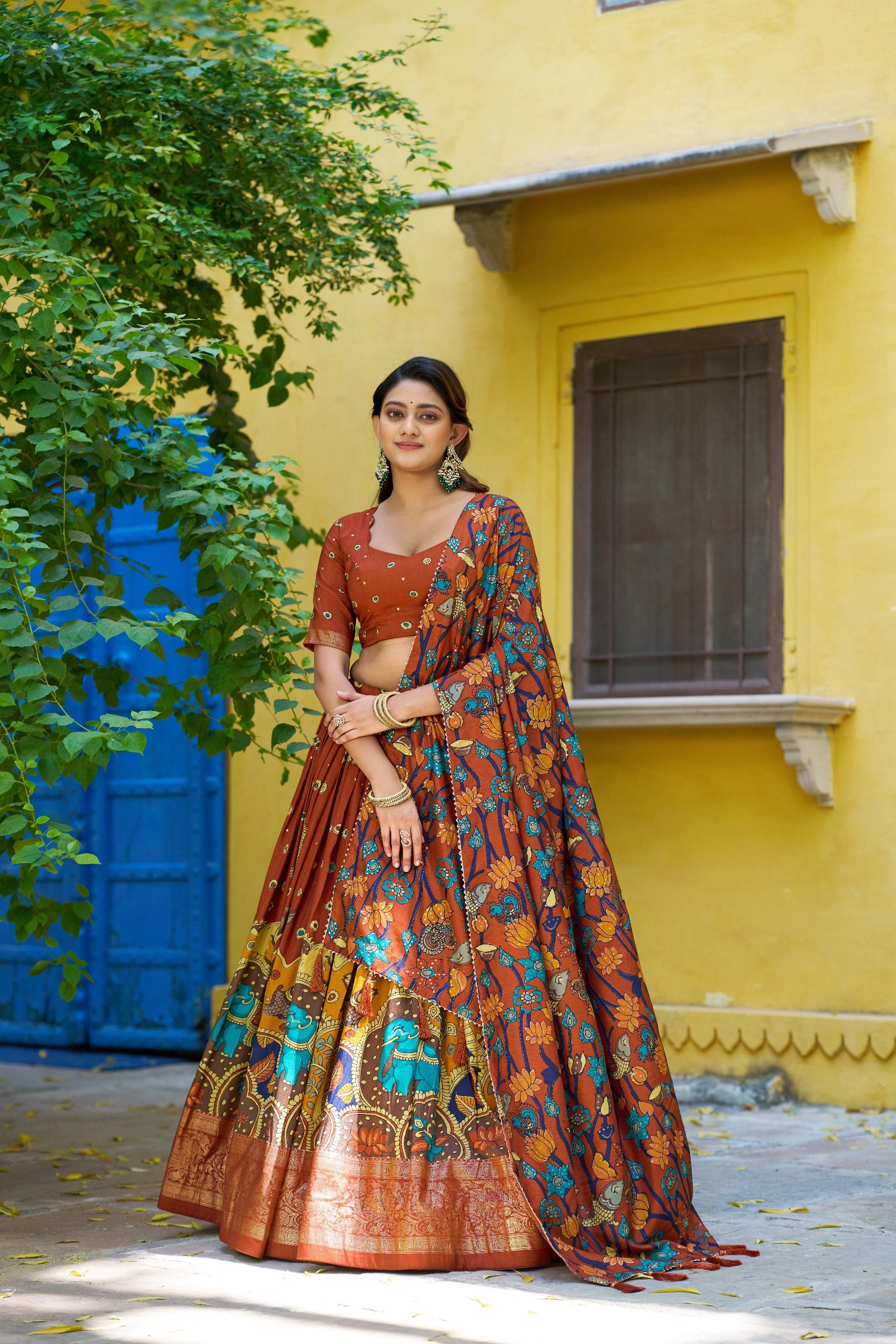 Traditional Tasar Silk Kalamkari Foil Work Lehenga Choli Set
