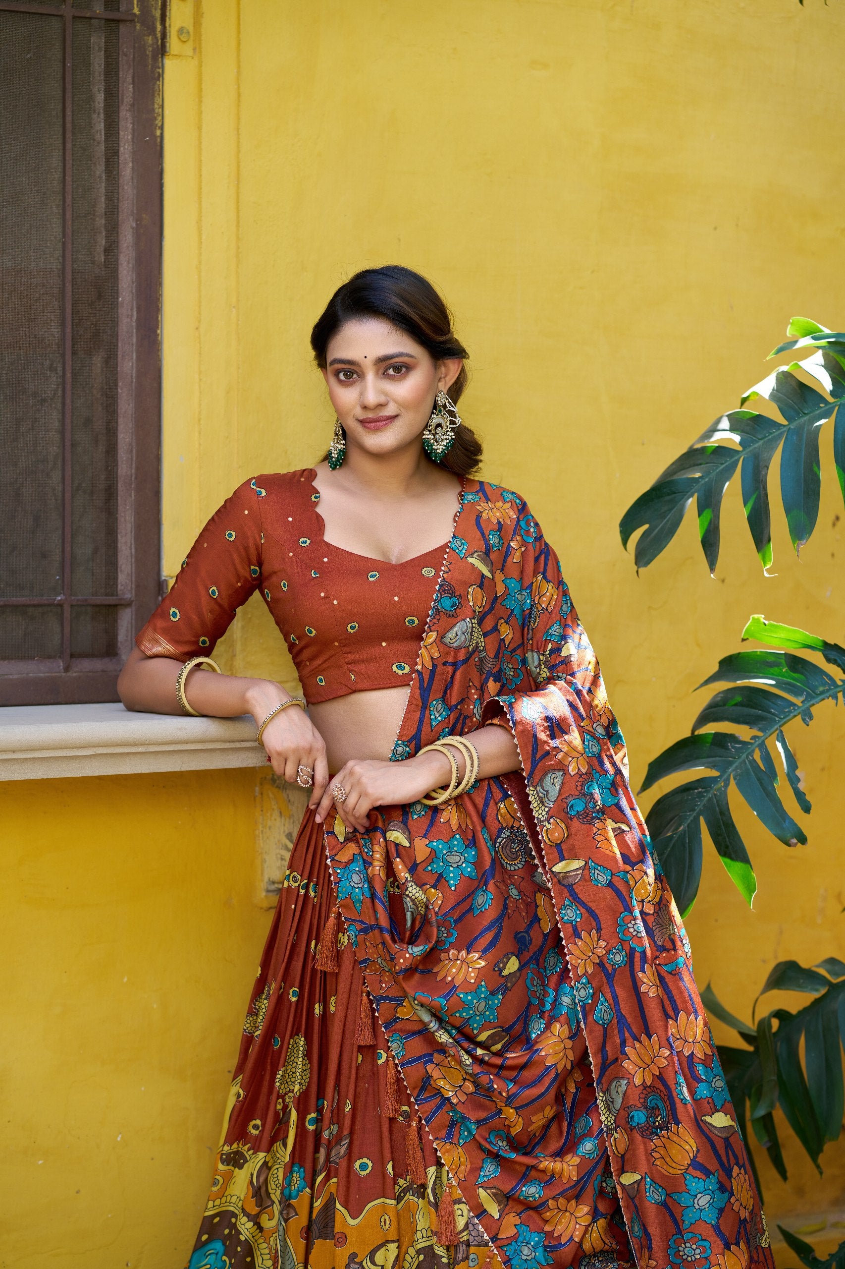 Traditional Tasar Silk Kalamkari Foil Work Lehenga Choli Set
