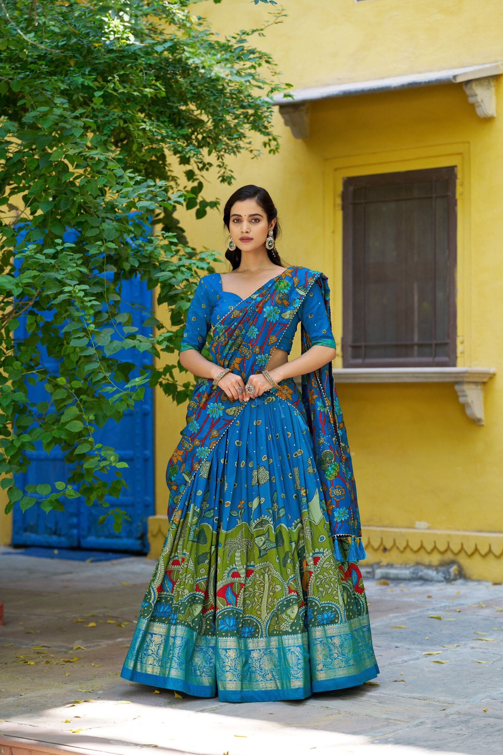 Traditional Tasar Silk Kalamkari Foil Work Lehenga Choli Set

