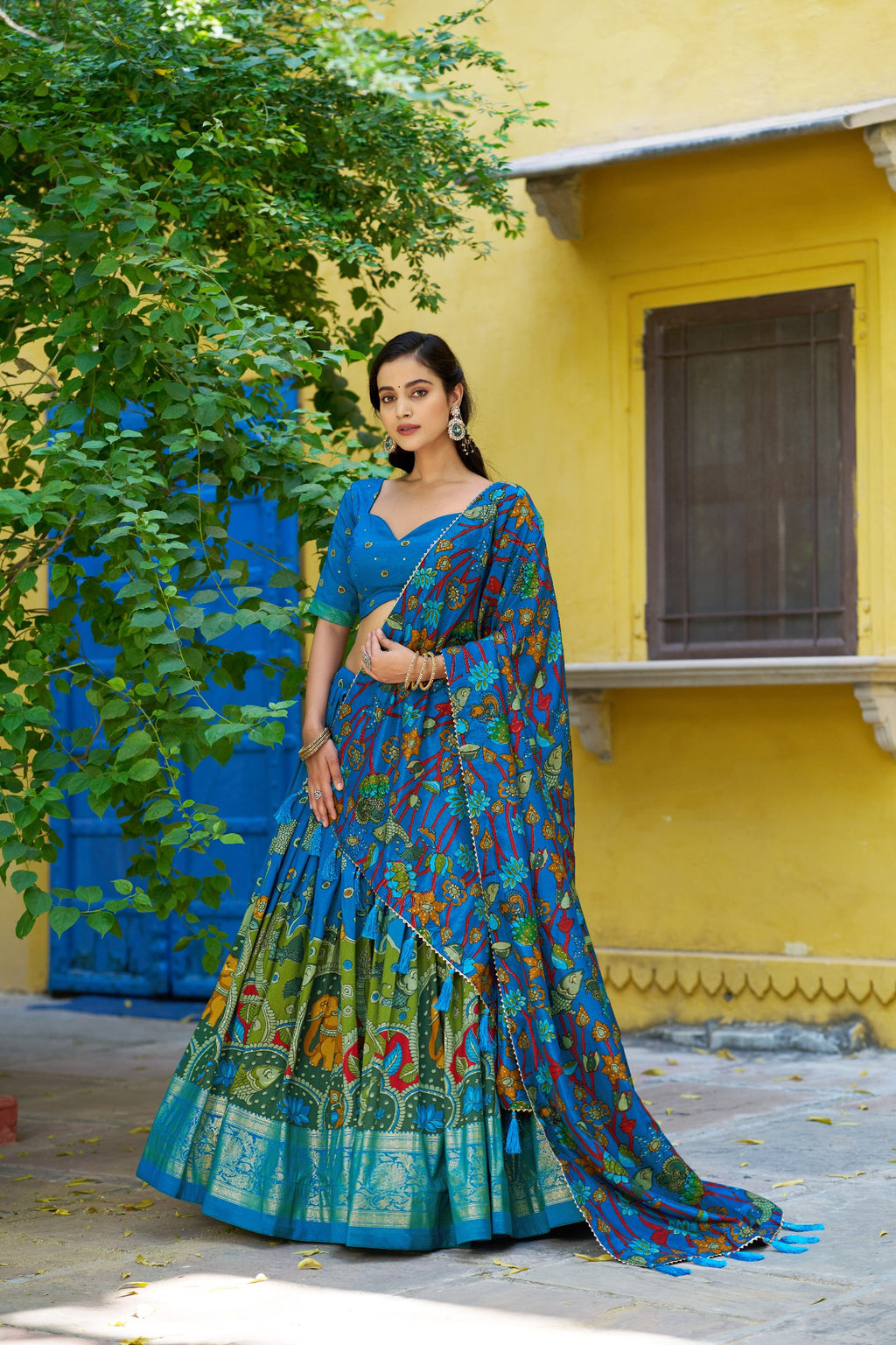 Traditional Tasar Silk Kalamkari Foil Work Lehenga Choli Set
