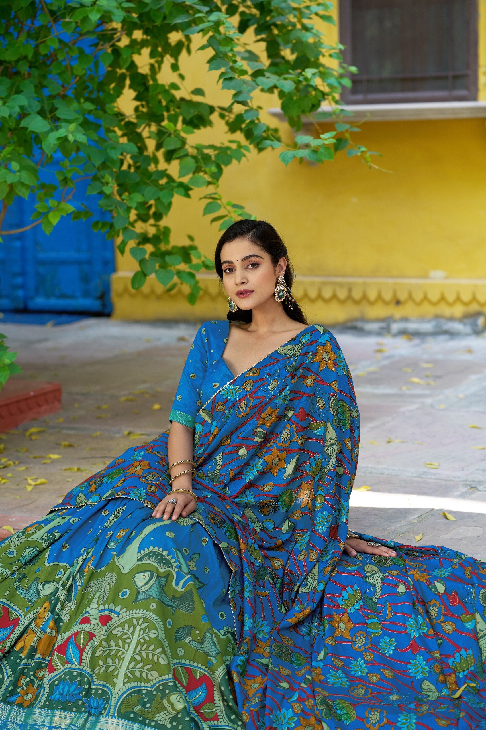 Traditional Tasar Silk Kalamkari Foil Work Lehenga Choli Set
