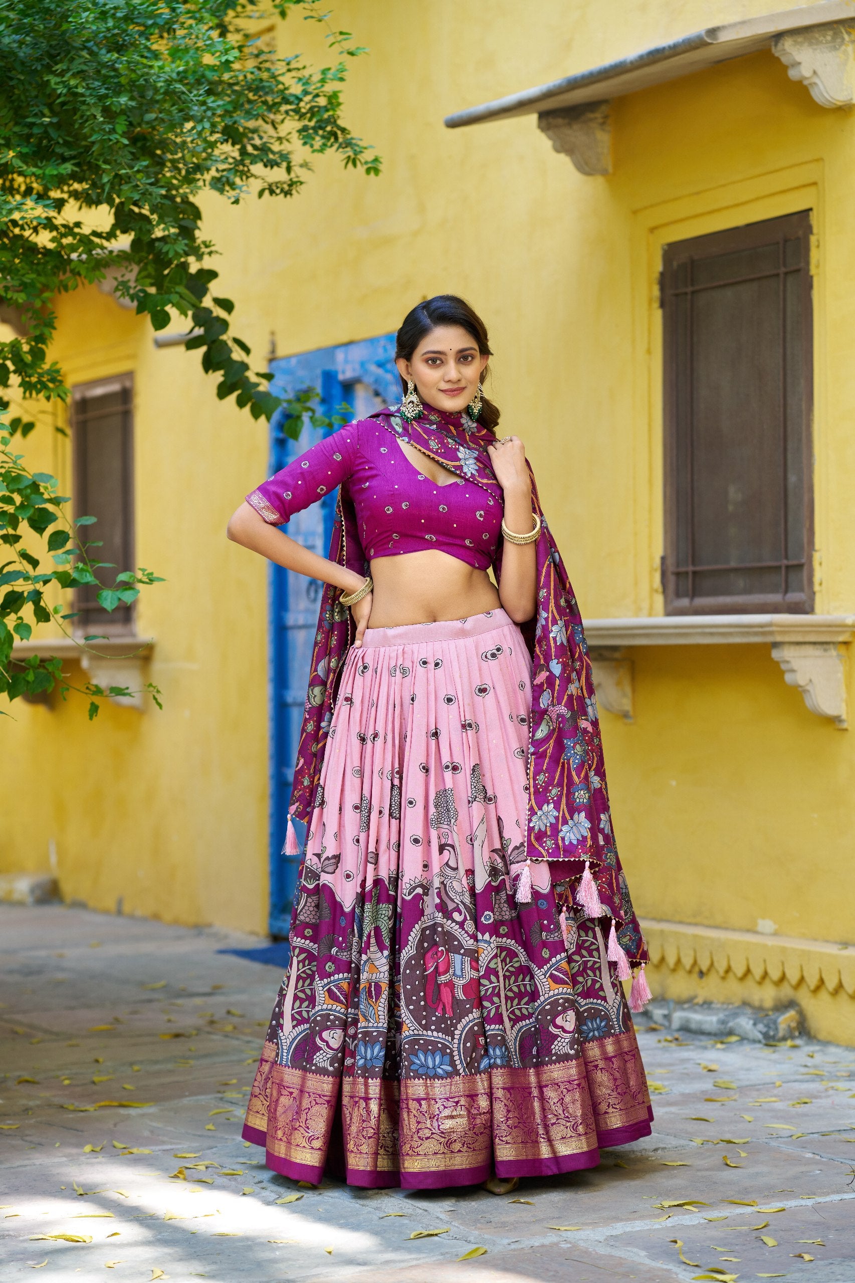 Traditional Tasar Silk Kalamkari Foil Work Lehenga Choli Set
