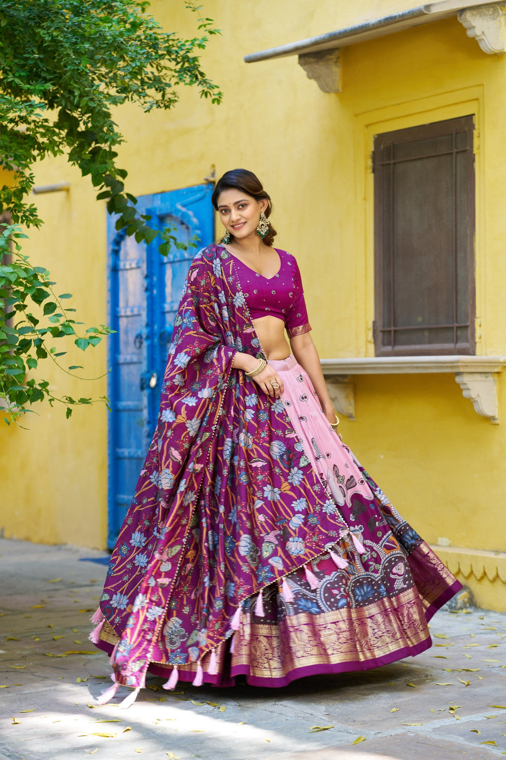 Traditional Tasar Silk Kalamkari Foil Work Lehenga Choli Set
