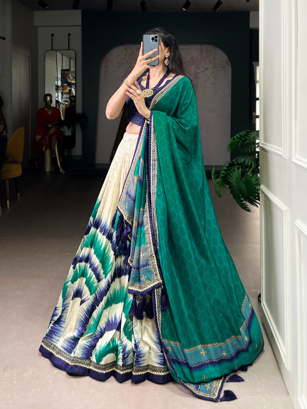 Tasar Silk Tie-Dye Lehenga Choli with Elegant Lace Accents Dupatta For Women
