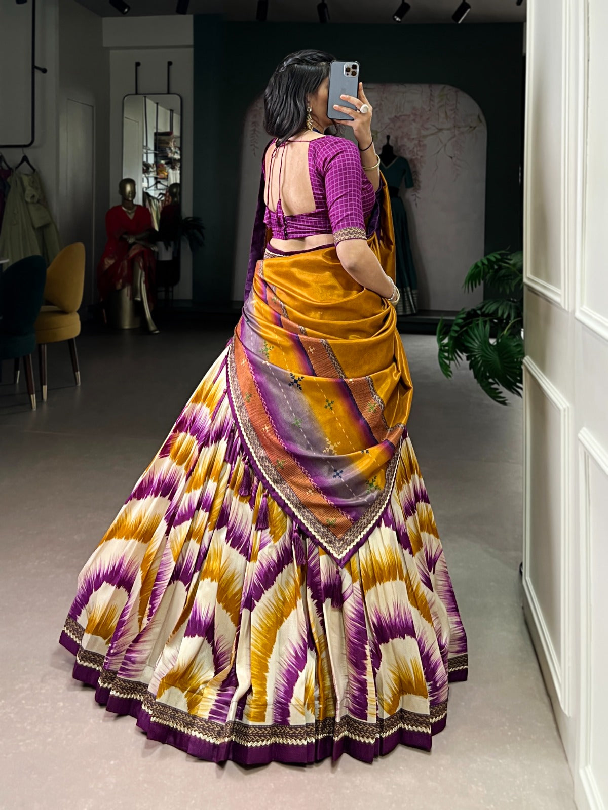 Tasar Silk Tie-Dye Lehenga Choli with Elegant Lace Accents Dupatta For Women
