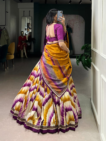 Tasar Silk Tie-Dye Lehenga Choli with Elegant Lace Accents Dupatta For Women
