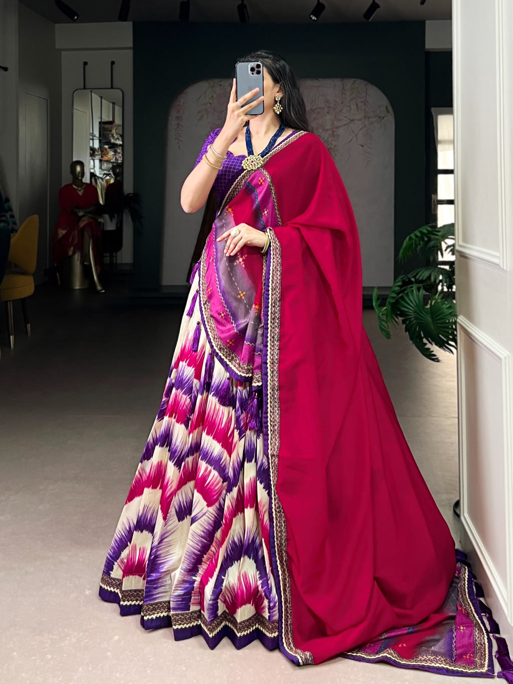 Tasar Silk Tie-Dye Lehenga Choli with Elegant Lace Accents Dupatta For Women
