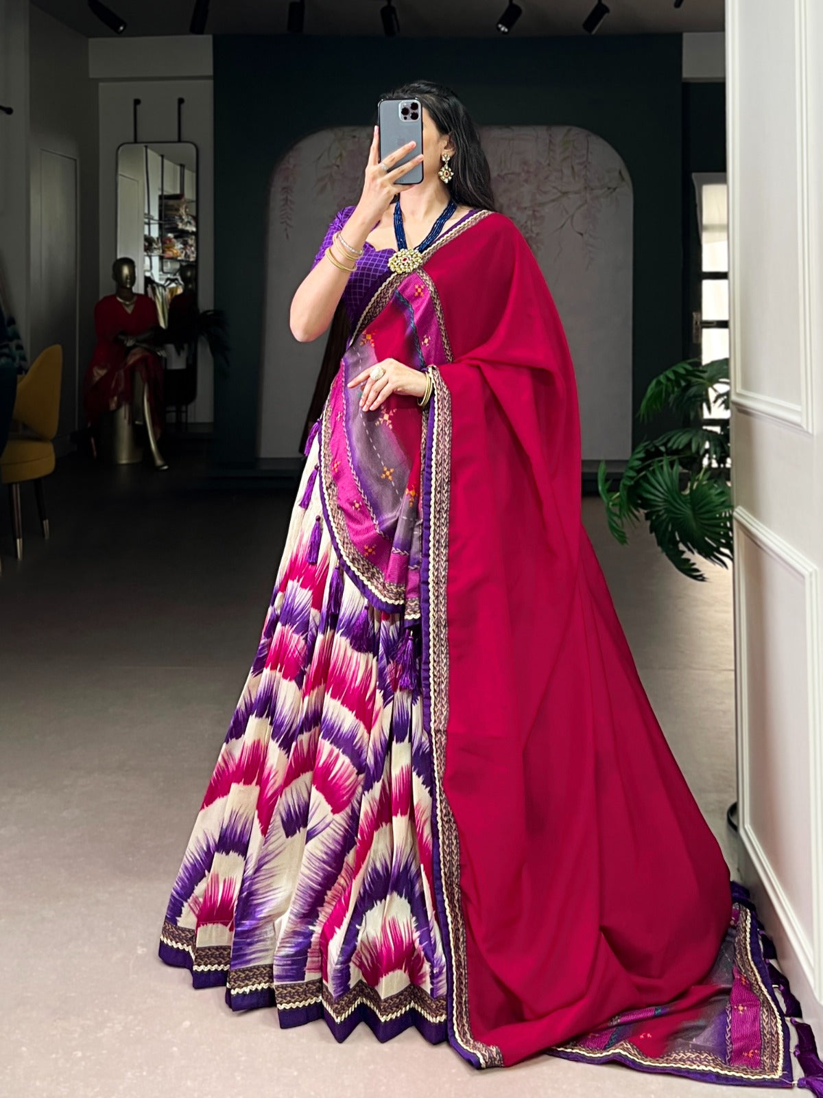 Tasar Silk Tie-Dye Lehenga Choli with Elegant Lace Accents Dupatta For Women
