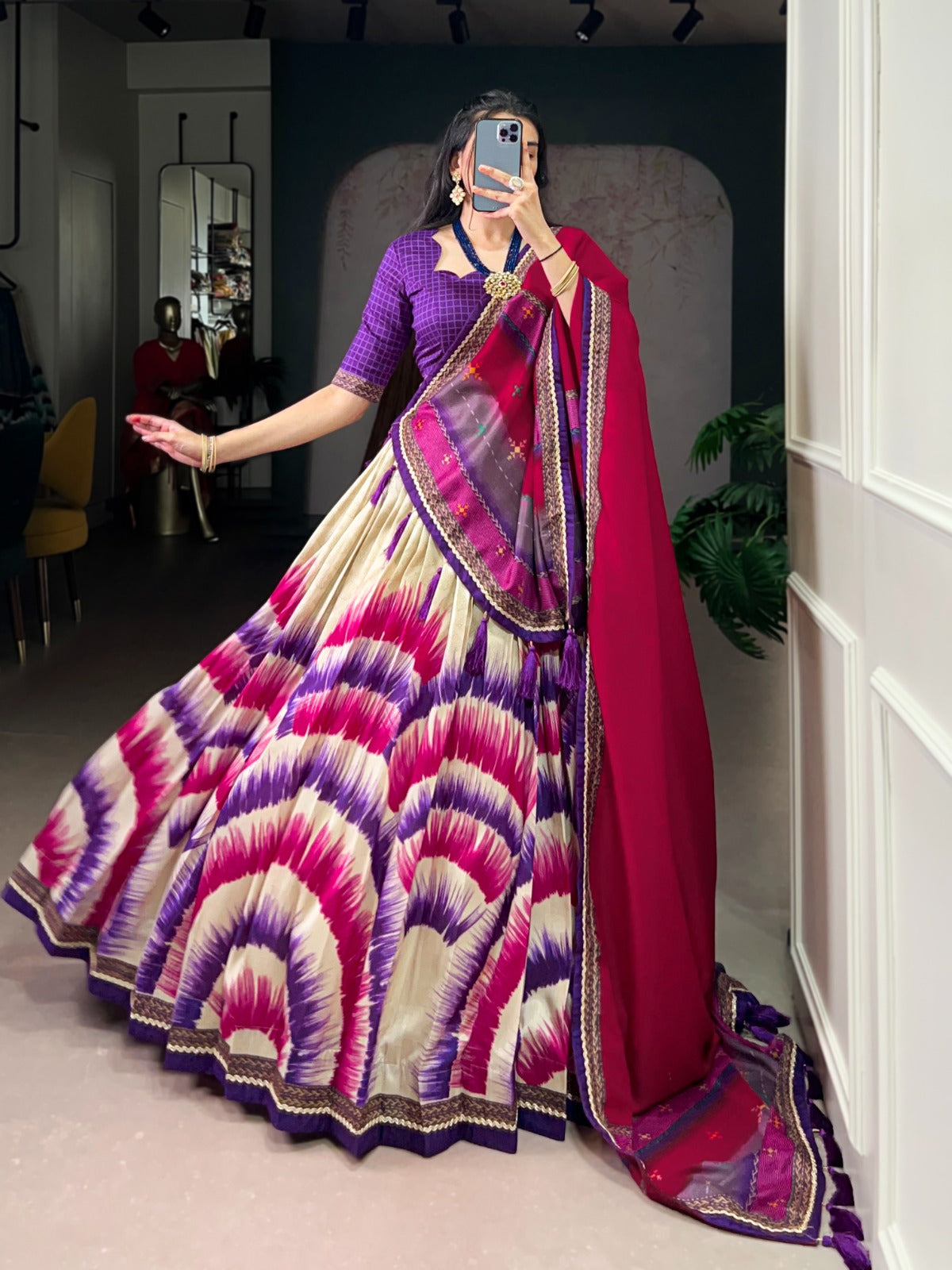 Tasar Silk Tie-Dye Lehenga Choli with Elegant Lace Accents Dupatta For Women
