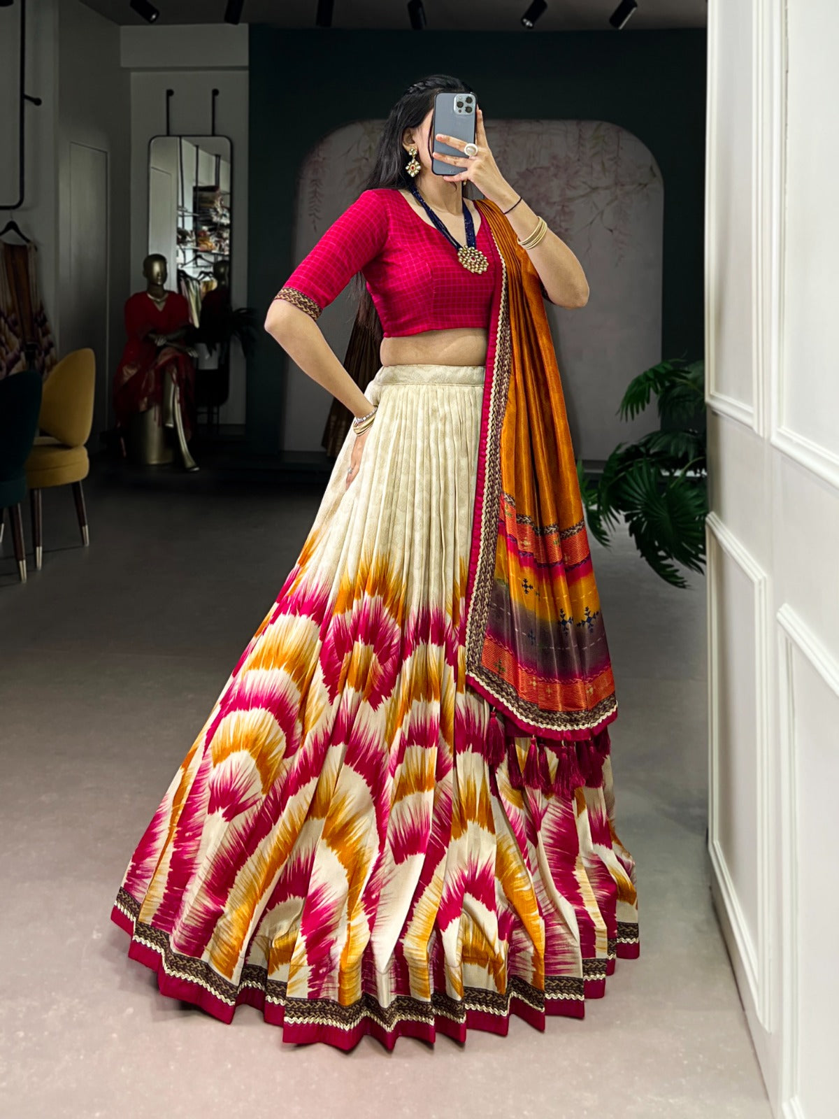 Tasar Silk Tie-Dye Lehenga Choli with Elegant Lace Accents Dupatta For Women
