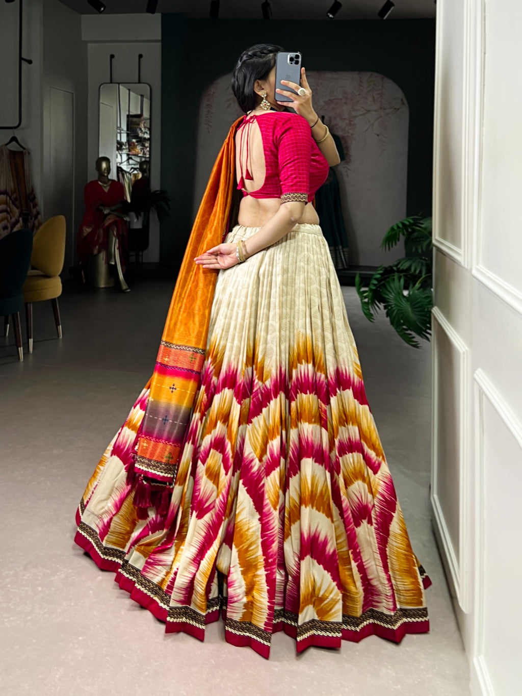 Tasar Silk Tie-Dye Lehenga Choli with Elegant Lace Accents Dupatta For Women
