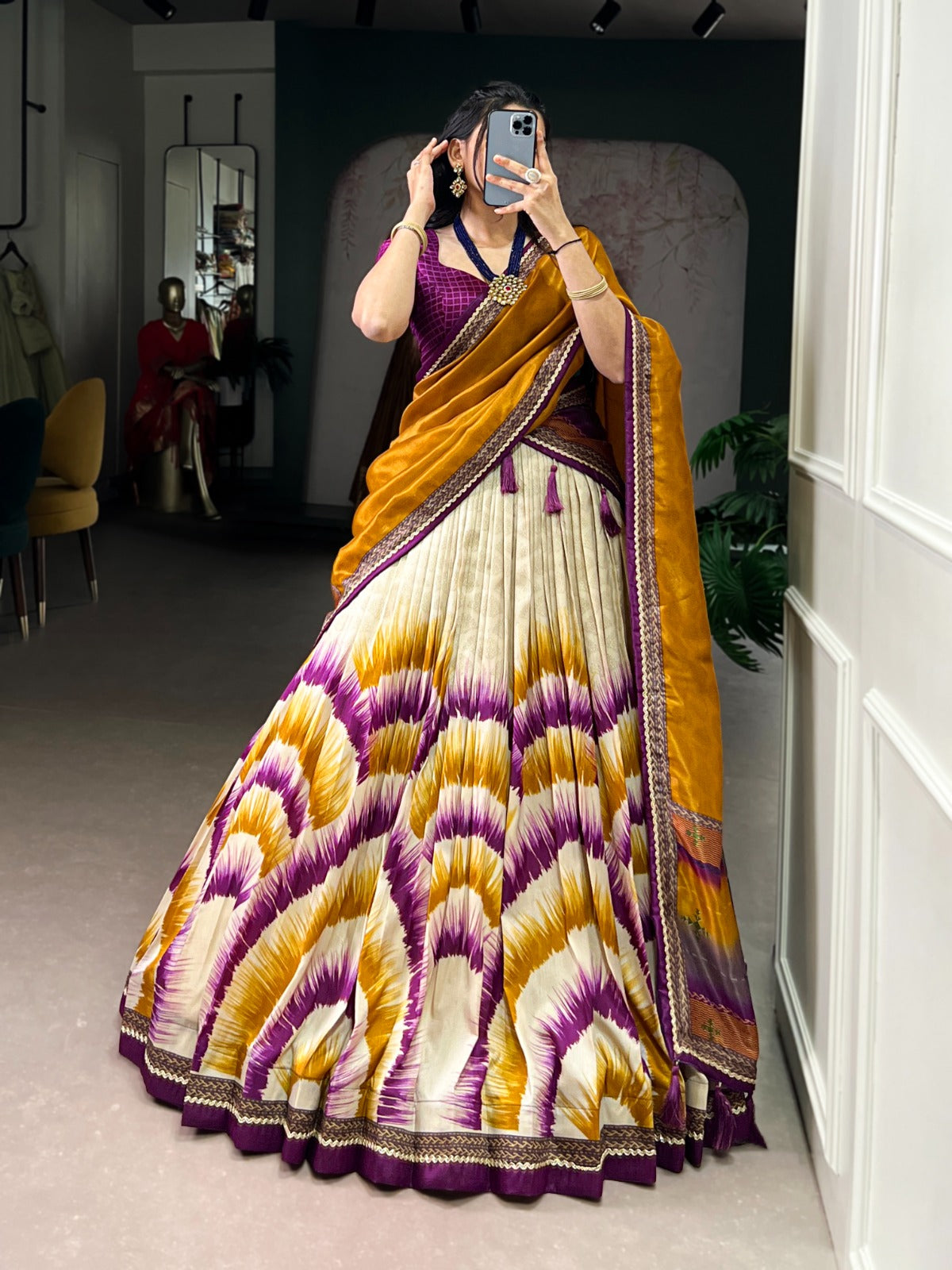 Tasar Silk Tie-Dye Lehenga Choli with Elegant Lace Accents Dupatta For Women
