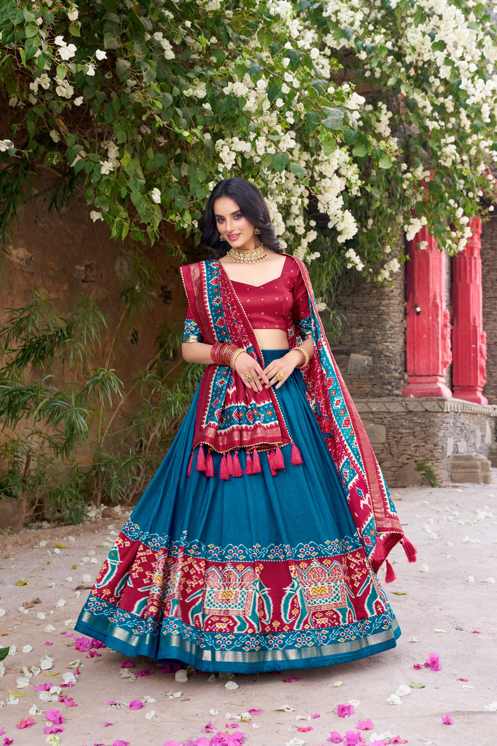 Festive Tasar Silk Patola Foil Lehenga Set | Tulip Designer
