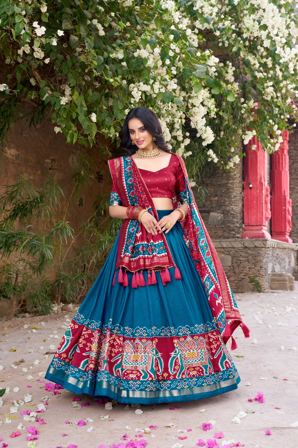 Festive Tasar Silk Patola Foil Lehenga Set | Tulip Designer
