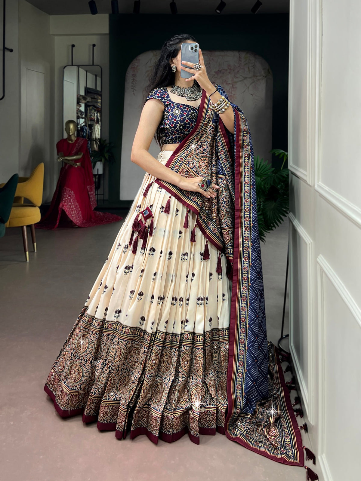 Navratri Tasar Silk Print Mirror Lehenga Set | Tulip Designer
