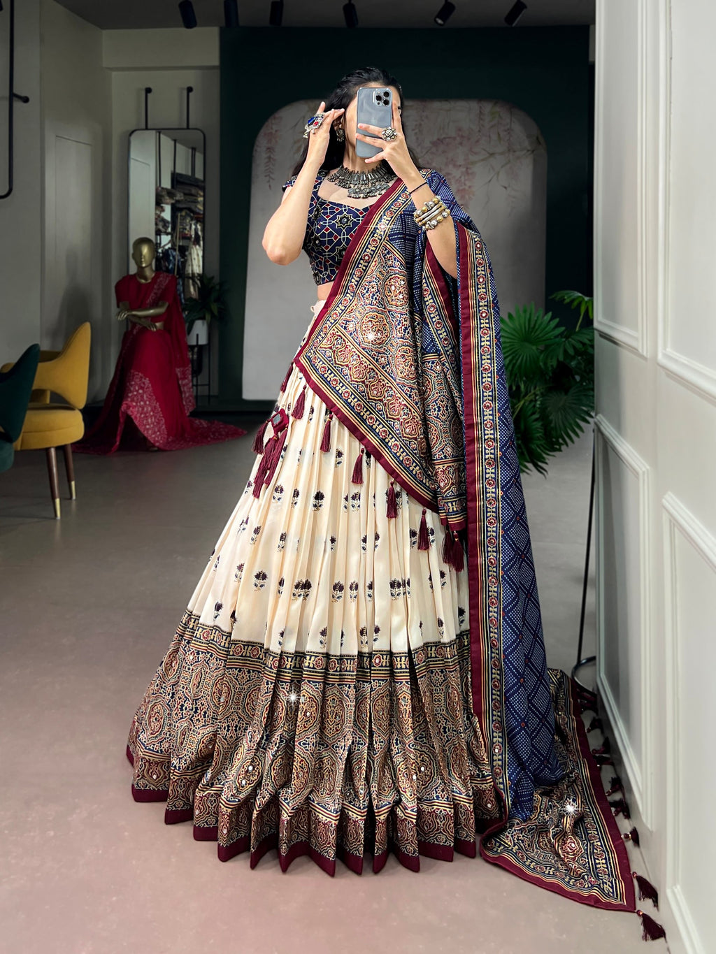 Navratri Tasar Silk Print Mirror Lehenga Set | Tulip Designer
