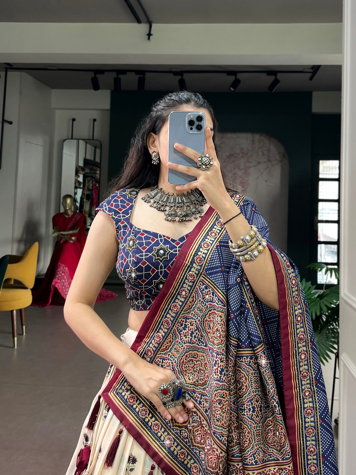 Navratri Tasar Silk Print Mirror Lehenga Set | Tulip Designer
