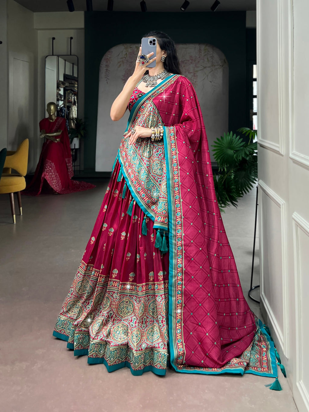 Navratri Tasar Silk Print Mirror Lehenga Set | Tulip Designer
