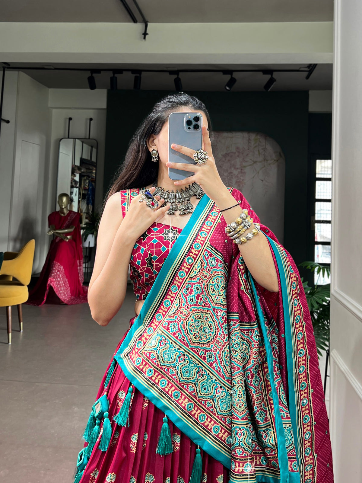 Navratri Tasar Silk Print Mirror Lehenga Set | Tulip Designer
