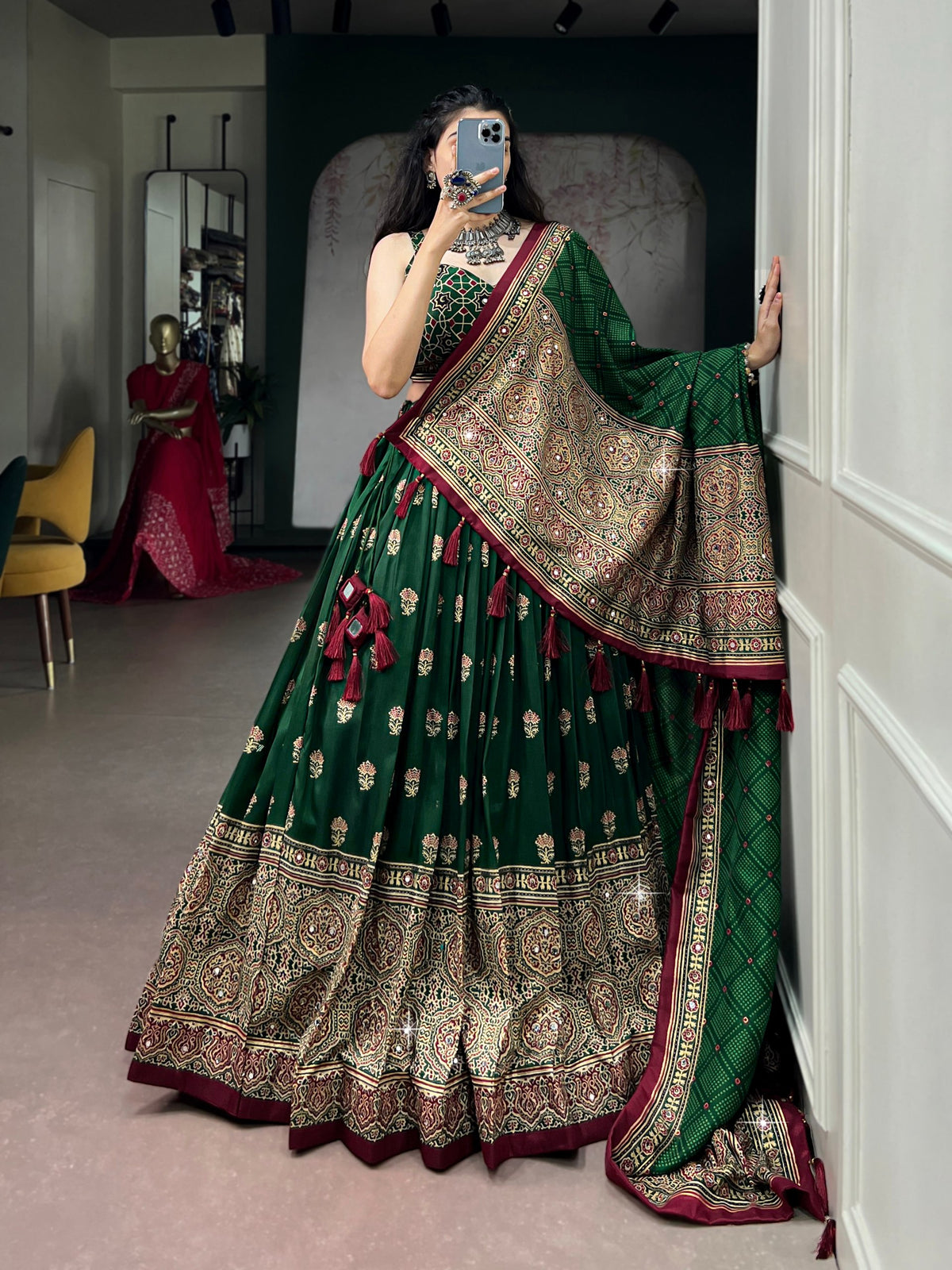 Navratri Tasar Silk Print Mirror Lehenga Set | Tulip Designer
