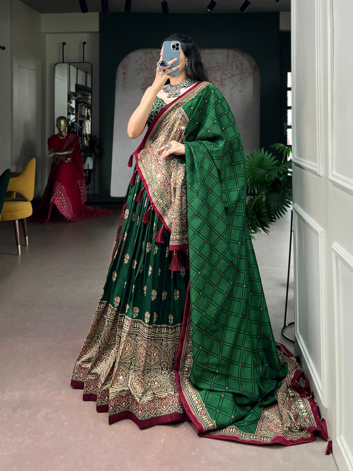 Navratri Tasar Silk Print Mirror Lehenga Set | Tulip Designer
