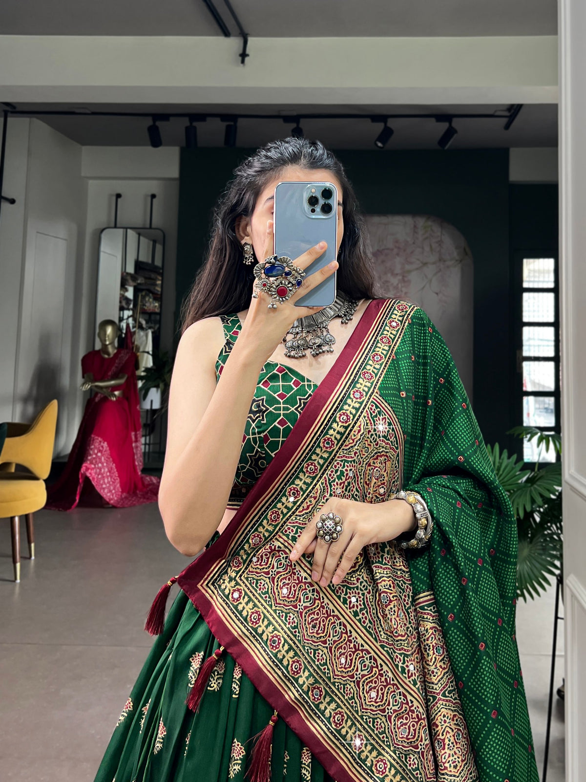 Navratri Tasar Silk Print Mirror Lehenga Set | Tulip Designer
