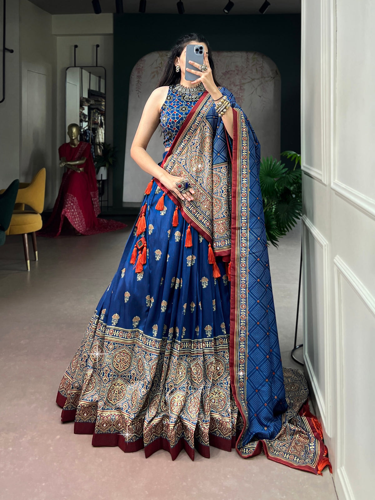 Navratri Tasar Silk Print Mirror Lehenga Set | Tulip Designer
