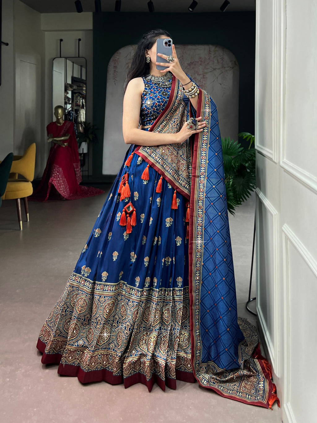 Navratri Tasar Silk Print Mirror Lehenga Set | Tulip Designer
