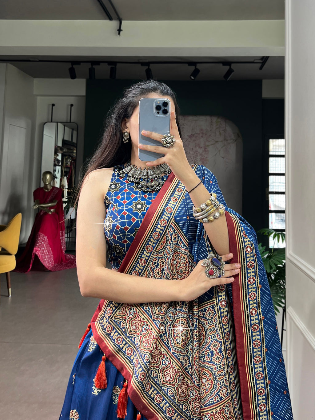 Navratri Tasar Silk Print Mirror Lehenga Set | Tulip Designer
