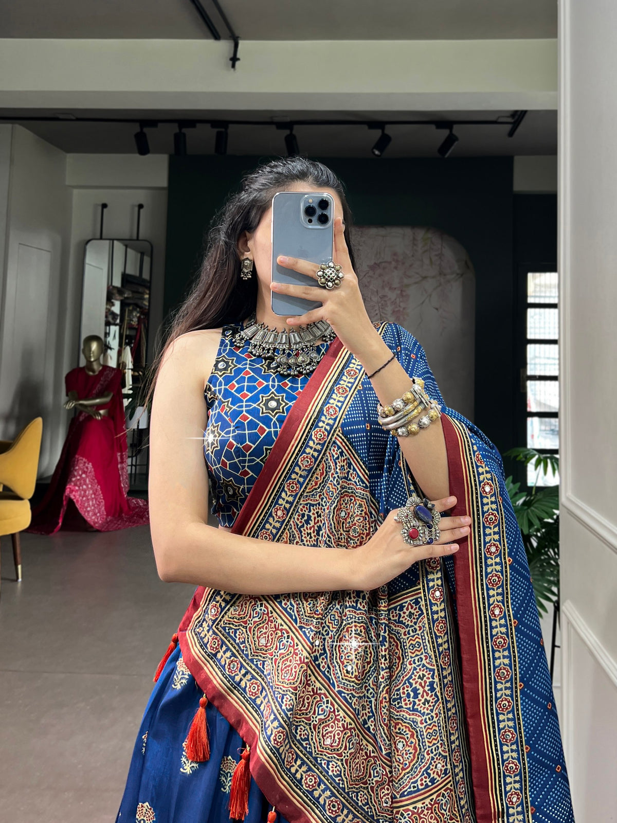 Navratri Tasar Silk Print Mirror Lehenga Set | Tulip Designer
