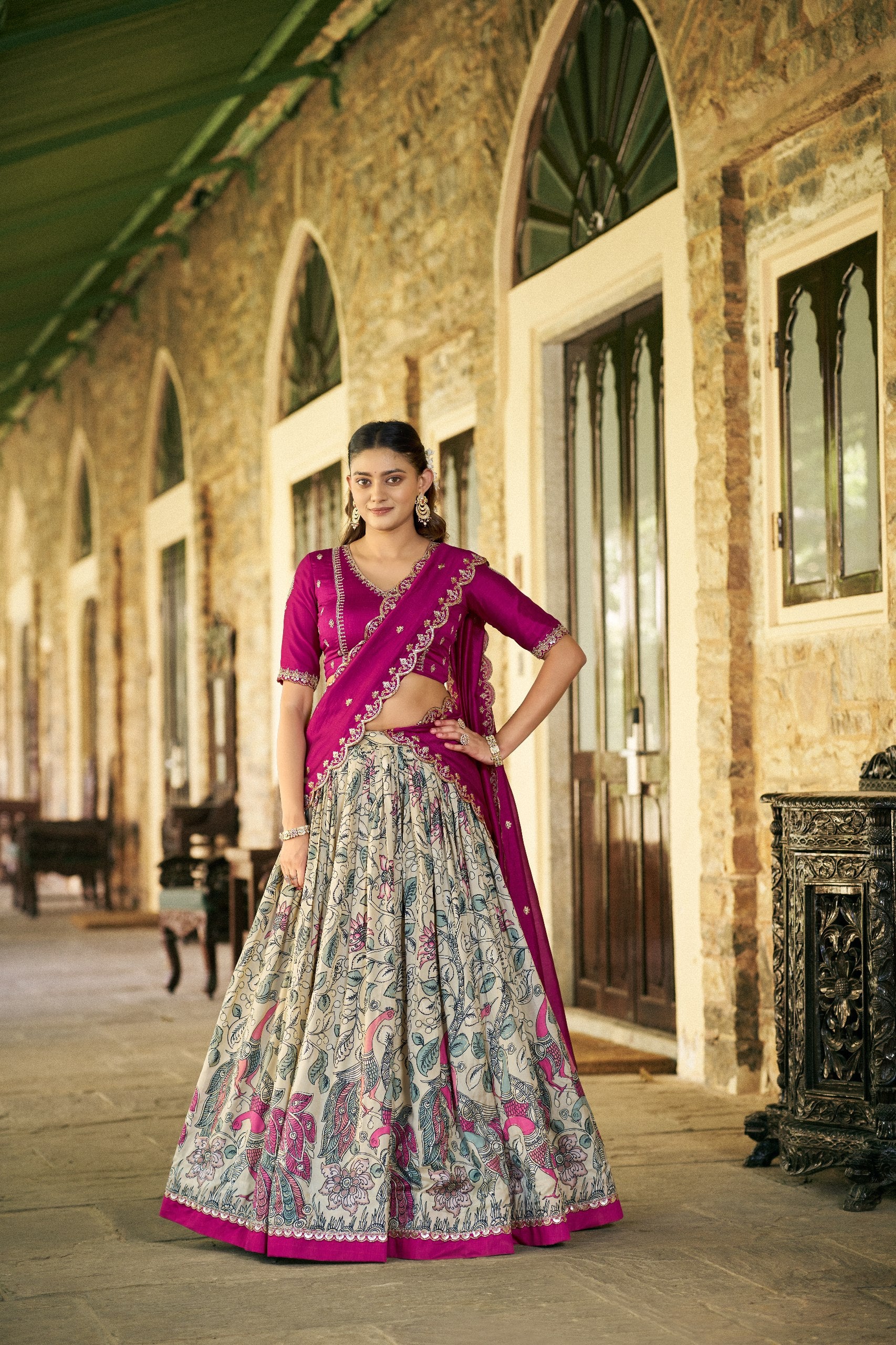 Traditional Cream Tasar Silk Printed Lehenga Set with Embroidered Dupatta
