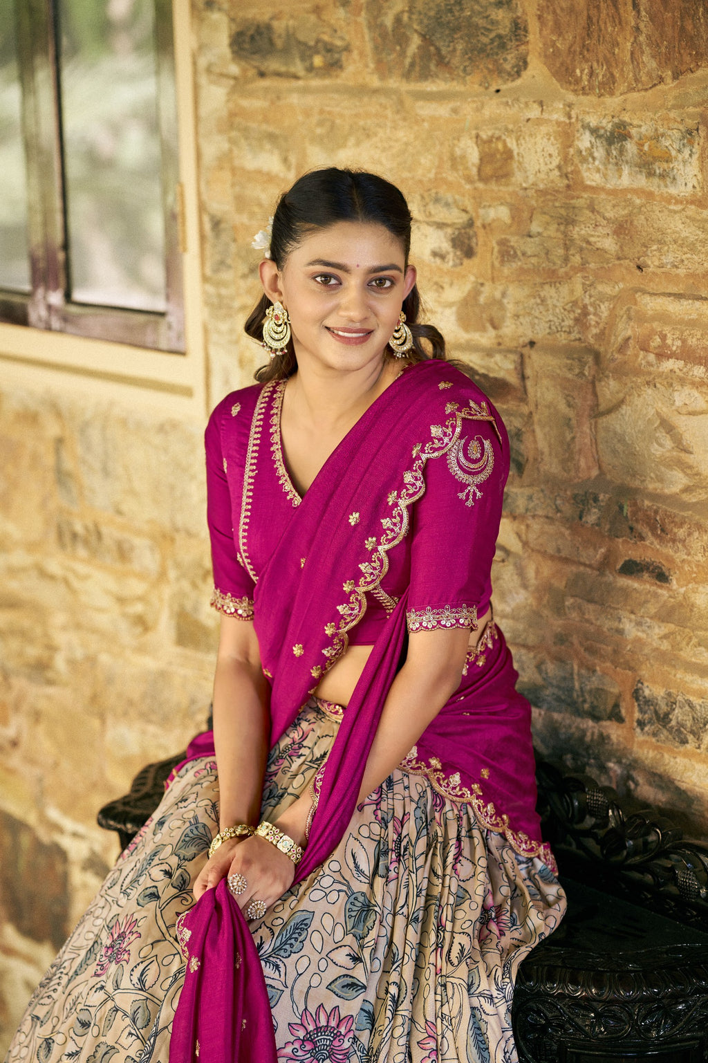 Traditional Cream Tasar Silk Printed Lehenga Set with Embroidered Dupatta
