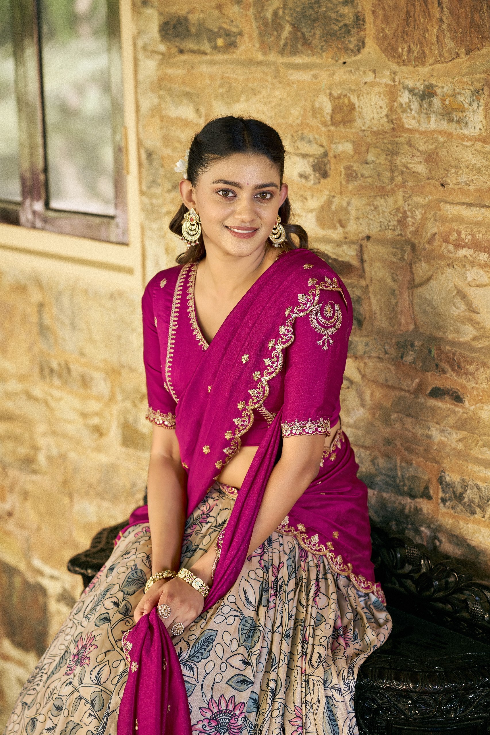 Traditional Cream Tasar Silk Printed Lehenga Set with Embroidered Dupatta
