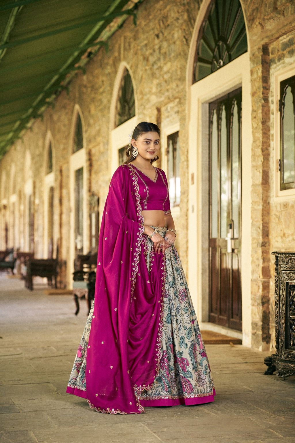 Traditional Cream Tasar Silk Printed Lehenga Set with Embroidered Dupatta
