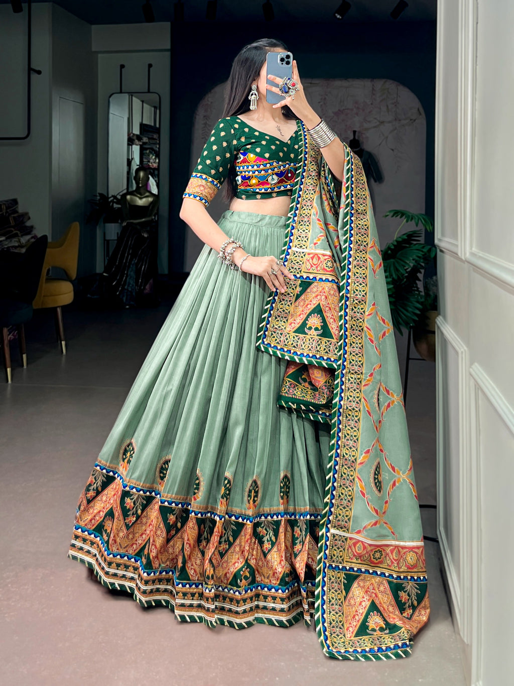 Tasar Silk Printed Gamthi Lehenga Set | Tulip Designer
