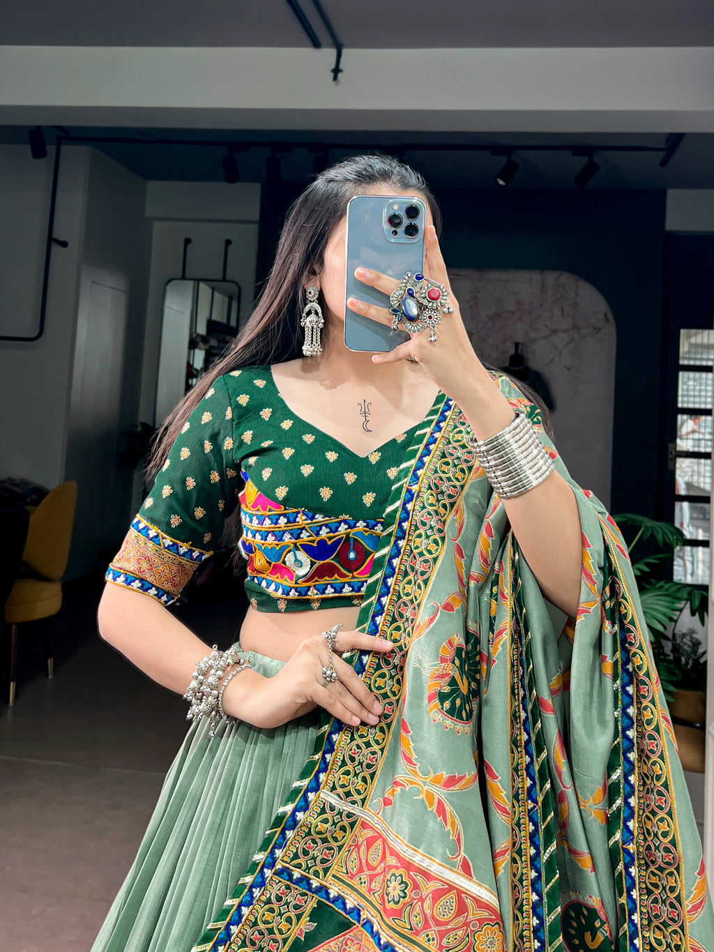 Tasar Silk Printed Gamthi Lehenga Set | Tulip Designer
