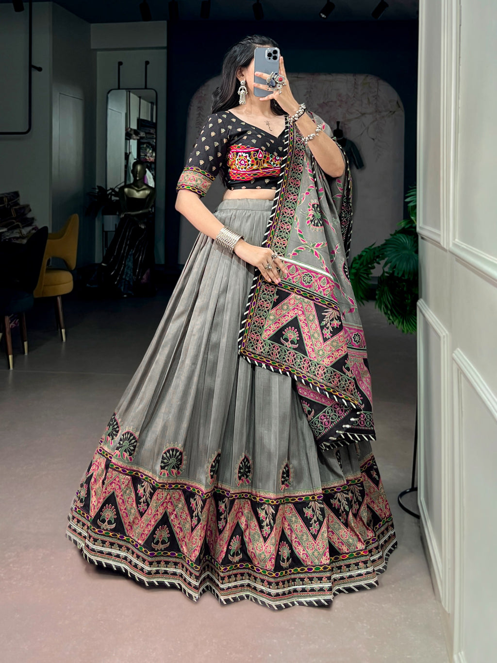 Tasar Silk Printed Gamthi Lehenga Set | Tulip Designer
