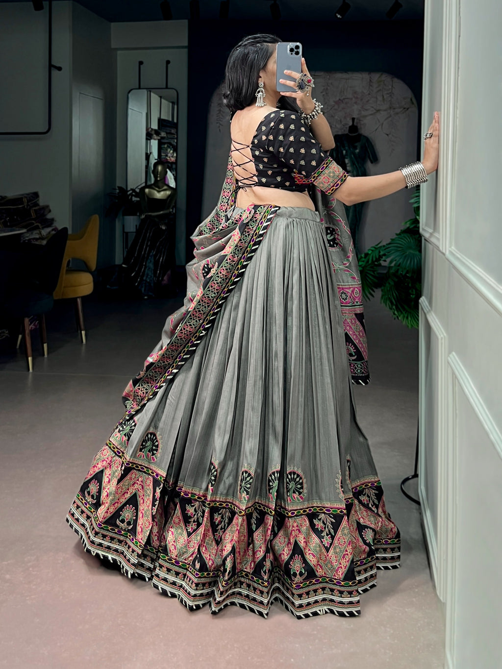 Tasar Silk Printed Gamthi Lehenga Set | Tulip Designer
