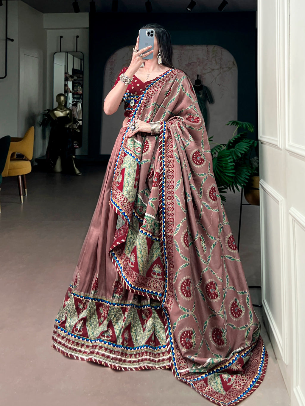 Tasar Silk Printed Gamthi Lehenga Set | Tulip Designer
