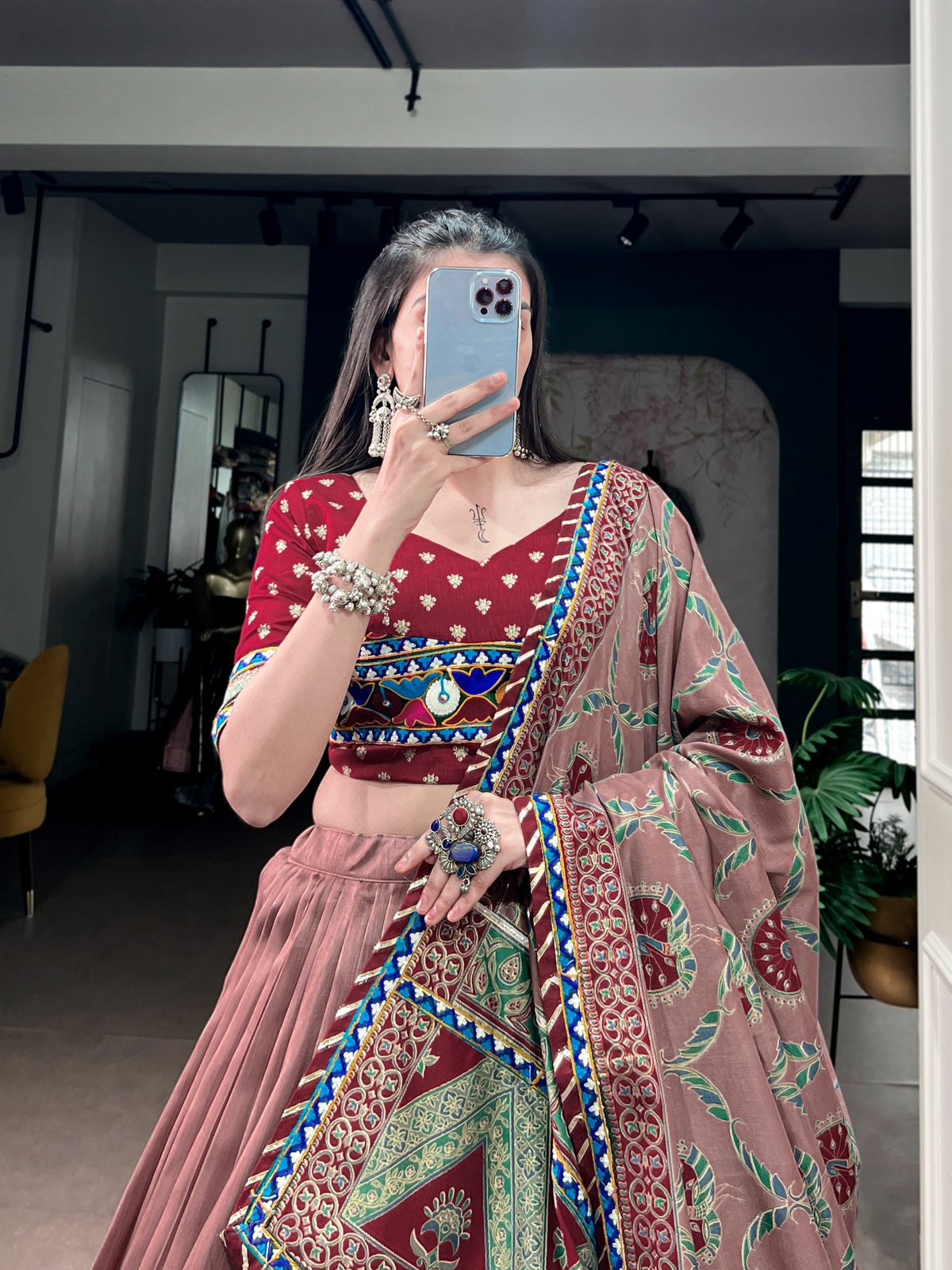 Tasar Silk Printed Gamthi Lehenga Set | Tulip Designer
